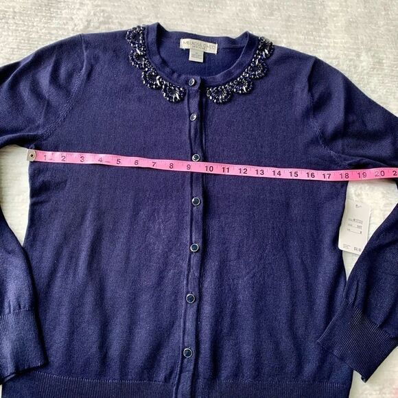 New Ladies Beaded Crewneck Cardigan In Navy - Picture 9 of 14